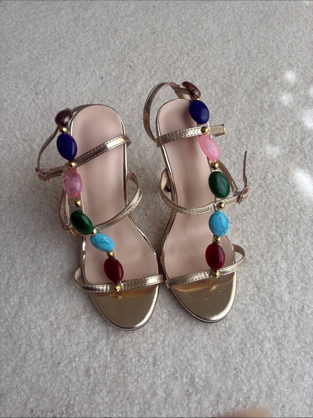 Metallic Gold Beaded Women’s Sandals with Multicolor Gem Accents